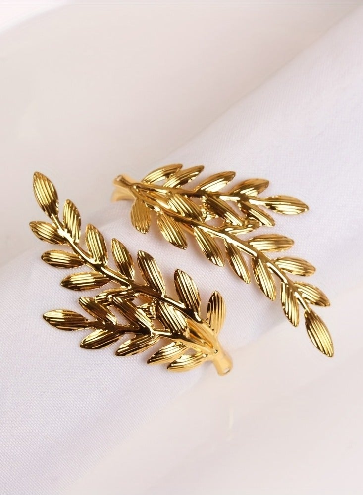 6pcs Golden Leaf Shape Napkin Rings - Durable Cast Iron with Intricate Carved Hollow Design - Sparkling Polished Finish for Elegant Dining Table Decor  - Image 4