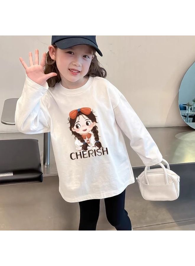 Girls' Long-sleeved Tops Spring & Fall New White Cartoon Printed Round Neck Tops Baby Fashionable Casual Bottoming Shirts