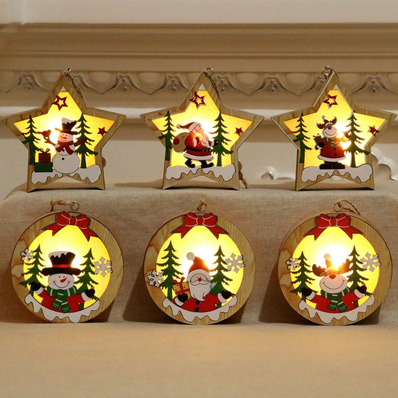 Christmas Hanging Ornaments Star Round Santa Snowman LED Light Wooden Pendant Christmas Decorations Snowman Star Style - Image 4