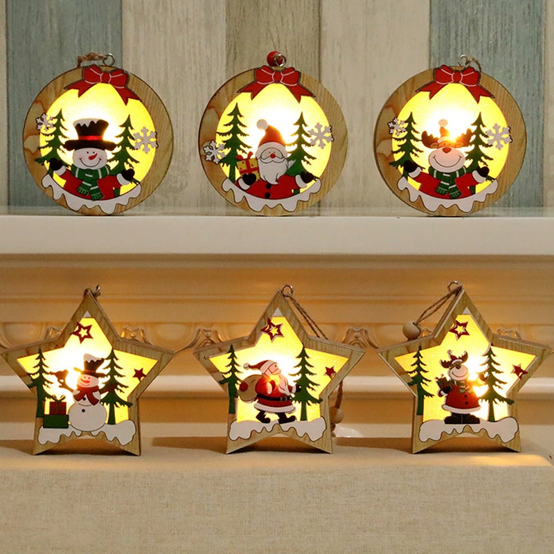 Christmas Hanging Ornaments Star Round Santa Snowman LED Light Wooden Pendant Christmas Decorations Snowman Star Style - Image 3