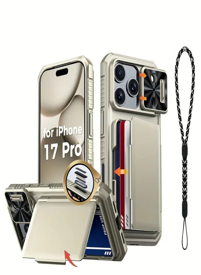 AROAQ Case for iPhone 17 Pro – Wallet Cover with Lanyard, Built-in Card Holder (4-5 Cards), Slide Lens Camera Cover & Capture Button, Retro Durable Protective Case - Titanium - Image 1