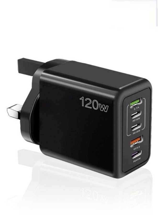 120W UK 5 Ports Multifunctional Super Fast Charging Adapter Mobile Phone Charger Travel Power Adapter Black - Image 1