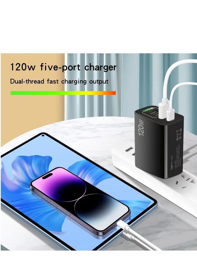 120W UK 5 Ports Multifunctional Super Fast Charging Adapter Mobile Phone Charger Travel Power Adapter Black - Image 3
