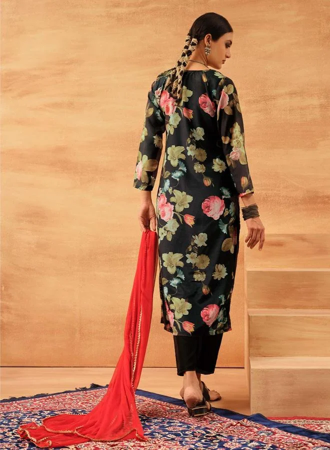 ISHIN Women's Black Chinon Printed Tunic Top With Ankle Palazzo Straight 3 Peice Kurta Set