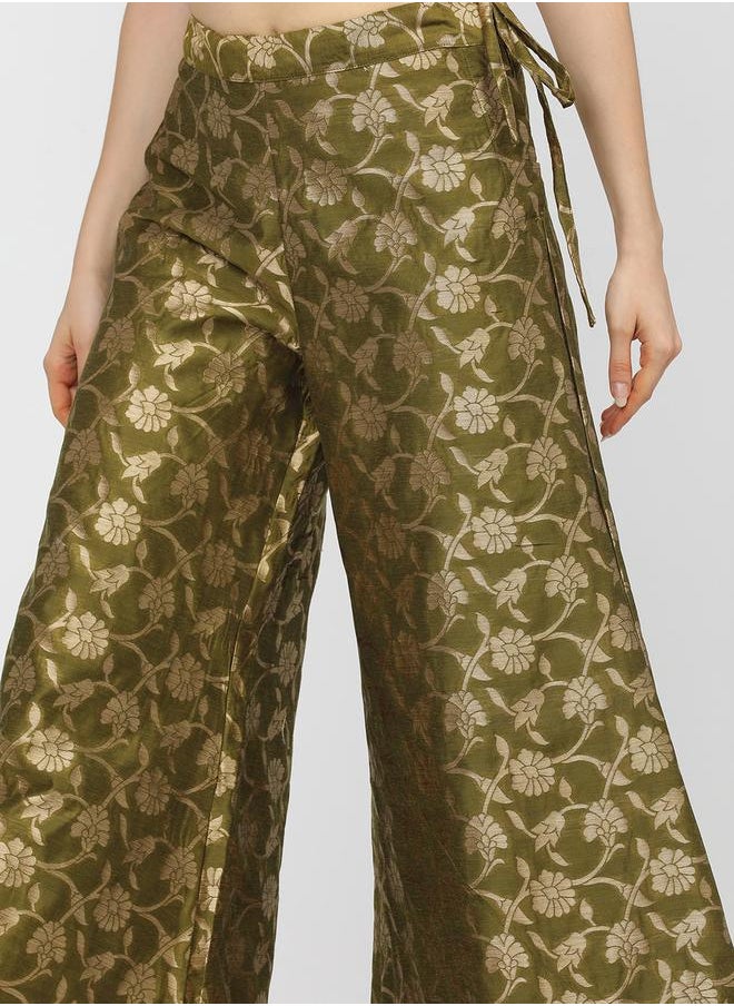 Vishudh - Women Olive & Gold-Toned Floral Woven Designed Palazzo by Styli - Image 1