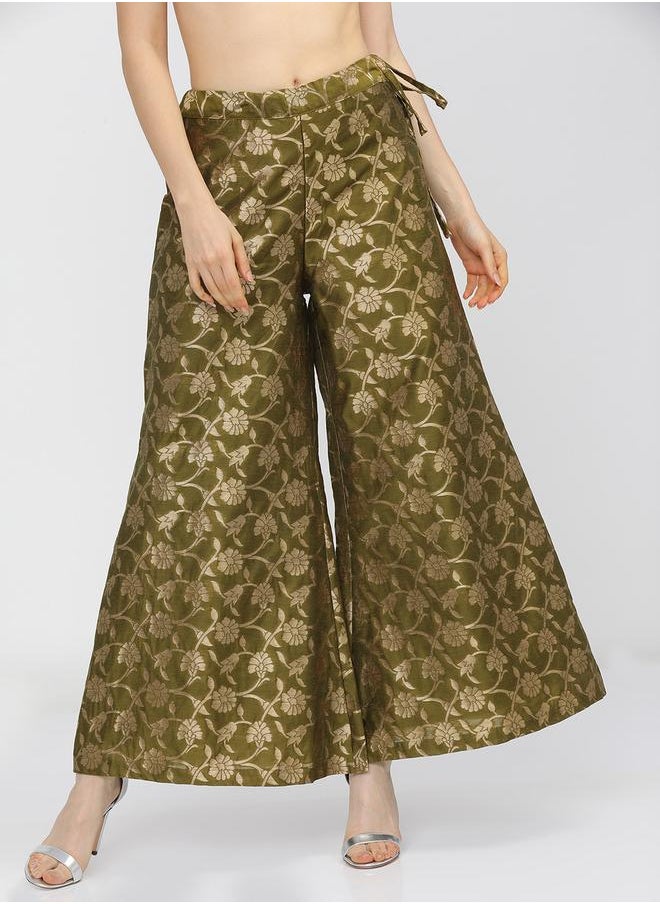Vishudh - Women Olive & Gold-Toned Floral Woven Designed Palazzo by Styli - Image 1