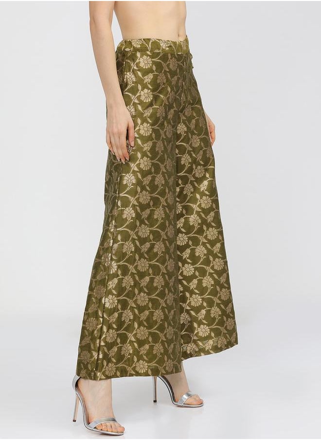 Vishudh - Women Olive & Gold-Toned Floral Woven Designed Palazzo by Styli - Image 1