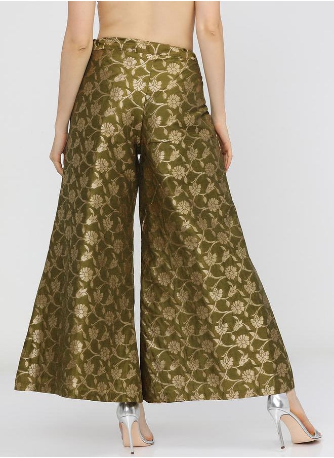 Vishudh - Women Olive & Gold-Toned Floral Woven Designed Palazzo by Styli - Image 1