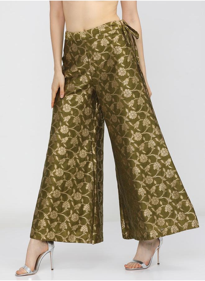 Vishudh - Women Olive & Gold-Toned Floral Woven Designed Palazzo by Styli - Image 1