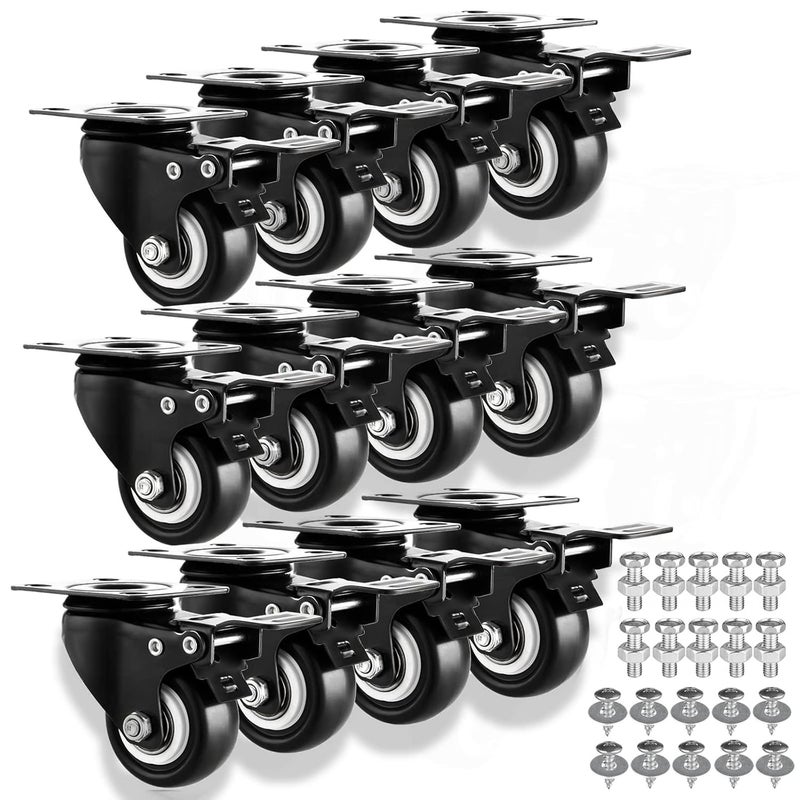 15 Casters Set of 12 HeavyDuty Industrial Caster Wheels PU No Noise Wheels with Double Locking and Double Ball Bearing Swivel Casters for Workbench Furniture Plate Castors Black