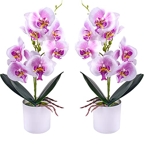 XONOR Artificial Orchid Flowers, 2 Pieces Potted Orchid Flowers Fake Orchids with Plastic Vase for Table Centerpiece Home Decor Office Wedding Party Decoration - Image 1