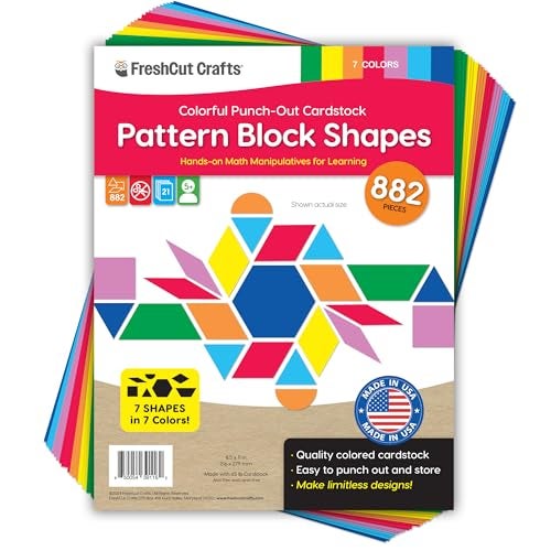 FreshCut Crafts 882 Pcs Pattern Block Shapes Math Manipulatives for Learning Multicolor Triangles, Squares, Hexagons, and more Easy-Punch Paper Shape Cutouts in 7 Bright Colors US Made Card Stock - Image 1