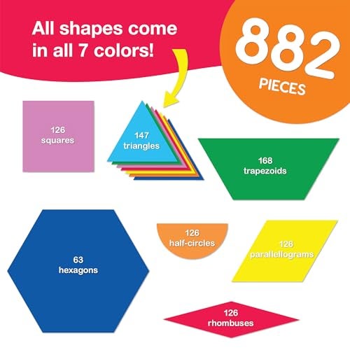 FreshCut Crafts 882 Pcs Pattern Block Shapes Math Manipulatives for Learning Multicolor Triangles, Squares, Hexagons, and more Easy-Punch Paper Shape Cutouts in 7 Bright Colors US Made Card Stock - Image 4
