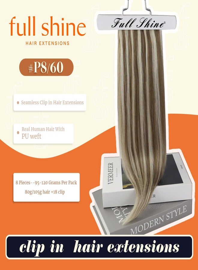 Full Shine Seamless Hair Extensions Clip in Brown Highlights Ash Brown Mix Platinum Blonde Clip in Hair Extensions Thick Ends Ease of Use 16 Inch 8 Pcs 120g - Image 2