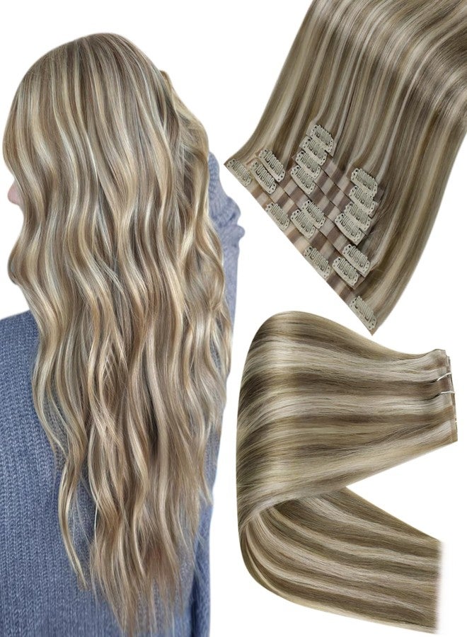 Full Shine Seamless Hair Extensions Clip in Brown Highlights Ash Brown Mix Platinum Blonde Clip in Hair Extensions Thick Ends Ease of Use 16 Inch 8 Pcs 120g - Image 1