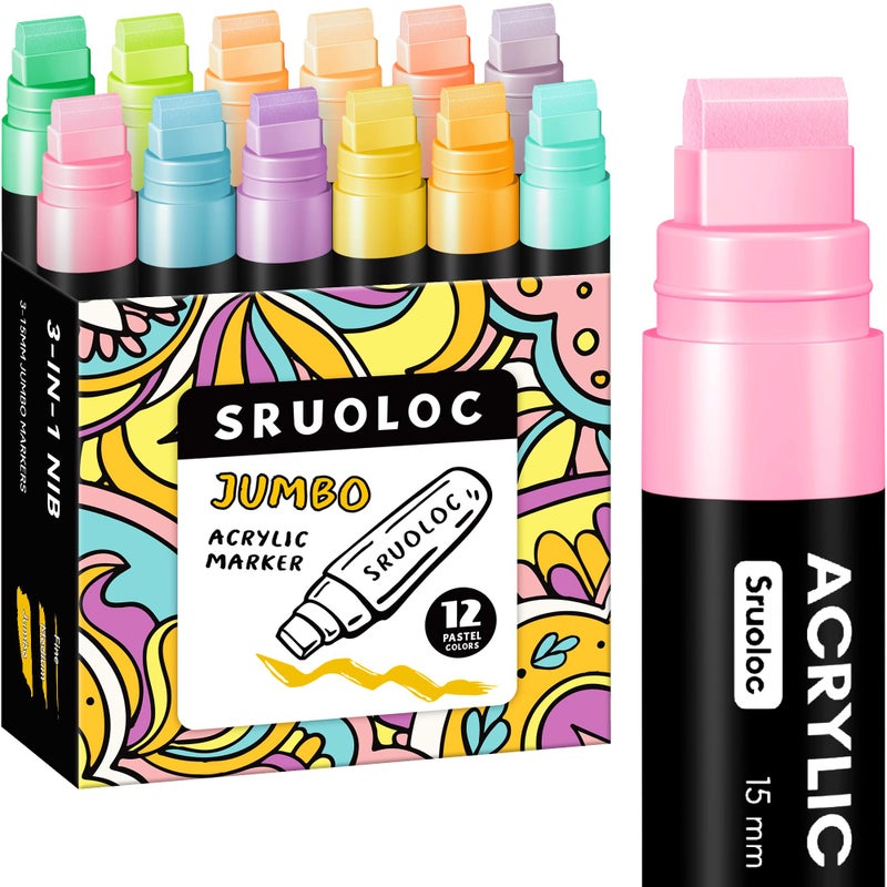SRUOLOC 12 Pastel Colors Jumbo Markers, 15mm Jumbo Felt Tip, Acrylic Paint Markers for Rock Painting, Poster, Stone, Ceramic, Glass, Wood, Canvas - Image 1