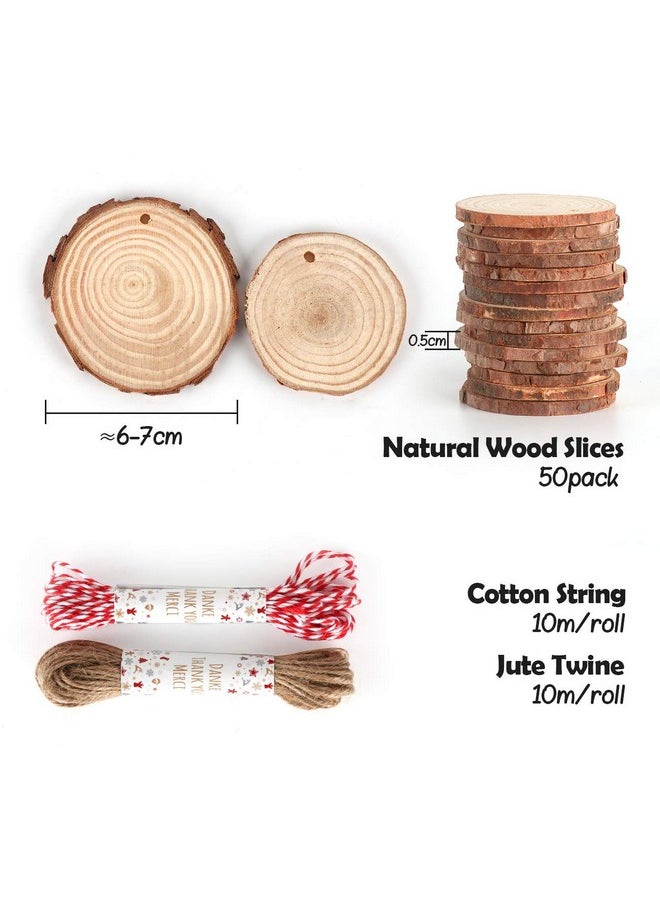 ilauke 50Pcs Wood Slices 2.4" 2.8" Unfinished Natural Wood Rounds With Pre Drilled Hole And 66Feet Twine String Wood Slices For Wood Burning Painting Diy Crafts Christmas Ornaments Party Wedding Decor  - Image 4