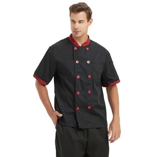 TopTie Unisex Short Sleeve Chef Coat Jacket, Black and Red - Image 5