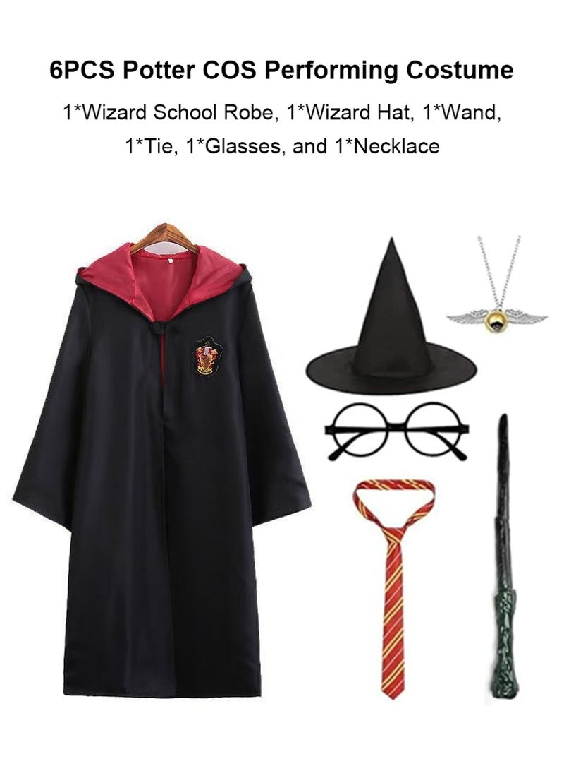 TAPIT 6PCS Magic Wizard Costume Set for Kids, Wizard Cosplay Party Costumes Set with Magic Wand, Hat, Glasses Frame, and Necklace, School Costume Robe with Cosplay Costume Accessories, for Boys and Girls (Size: 125cm)  - Image 2