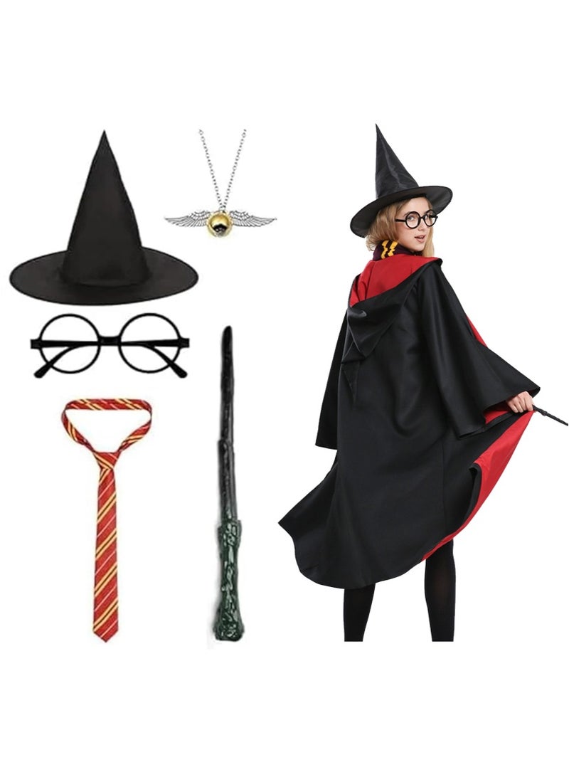 TAPIT 6PCS Magic Wizard Costume Set for Kids, Wizard Cosplay Party Costumes Set with Magic Wand, Hat, Glasses Frame, and Necklace, School Costume Robe with Cosplay Costume Accessories, for Boys and Girls (Size: 125cm)  - Image 1