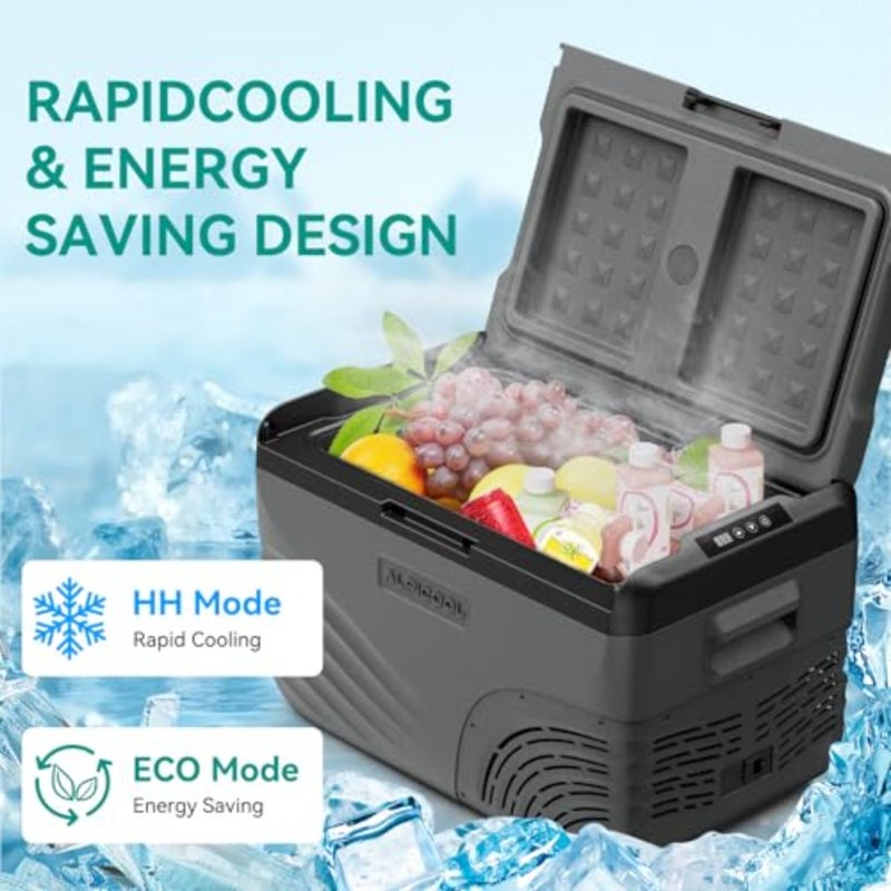 28L portable car fridge for RV road trips and truck use, aluminum alloy body in matte black, app-controlled temperature from -20 to 20, dual 12V/24V DC and 100240V AC power - Image 4