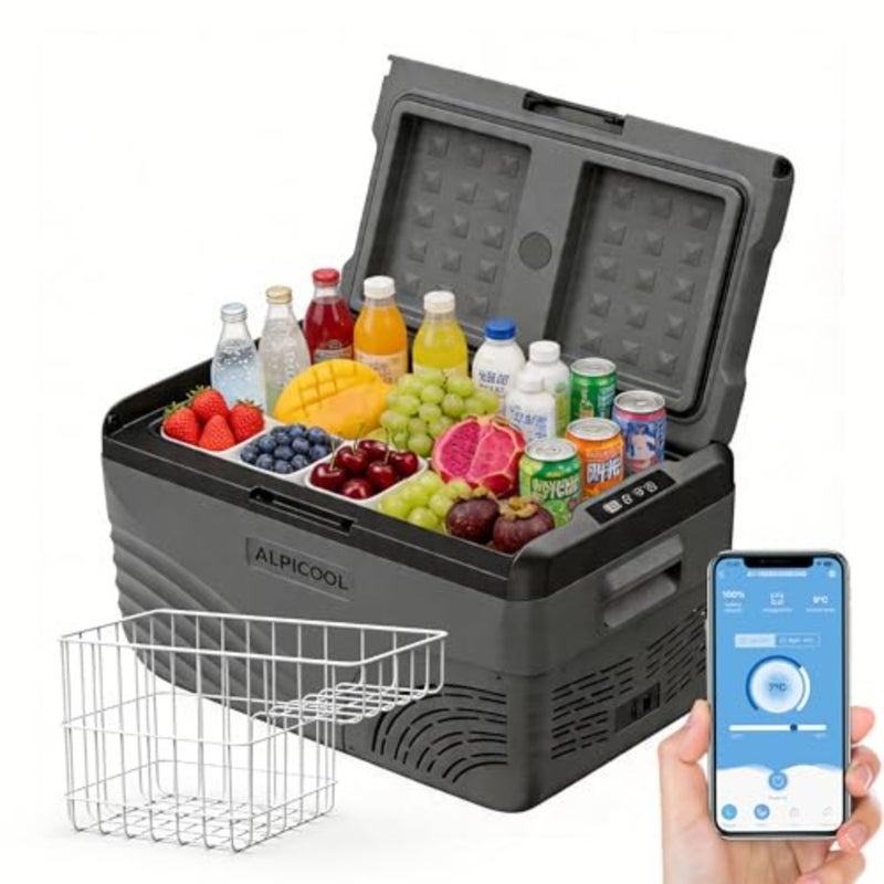28L portable car fridge for RV road trips and truck use, aluminum alloy body in matte black, app-controlled temperature from -20 to 20, dual 12V/24V DC and 100240V AC power - Image 1