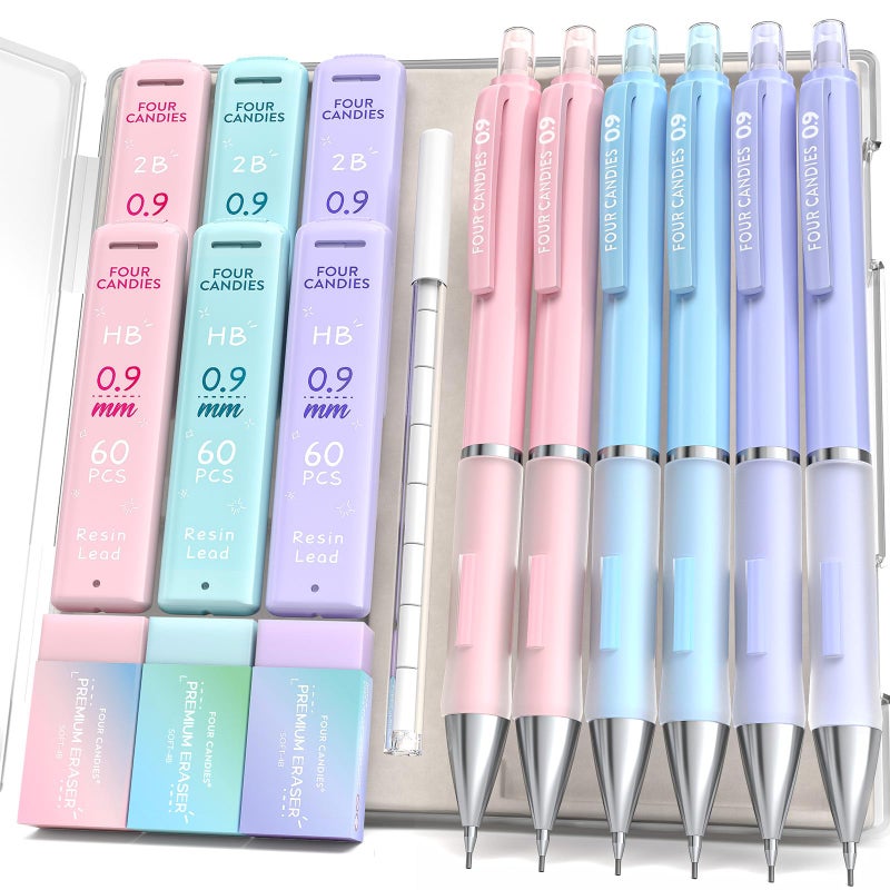 Four Candies 0.9mm Mechanical Pencil Set - 6PCS Cute Pencils with 360PCS HB & 2B Lead Refills, 3PCS Pastel Erasers and 9PCS Eraser Refills, Aesthetic School Supplies for Student Writing Drawing - Image 1