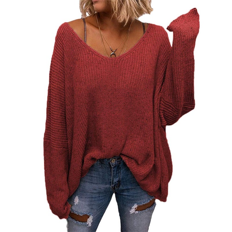 BZB Womens V Neck Long Sleeve Knit Loose Oversized Pullover Sweater Red