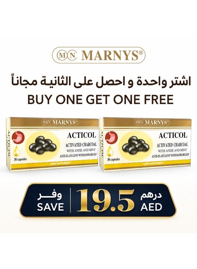 Marnys Acticol - Activated Charcoal with Mint & Anise - Natural Digestive Relief - Bloating & Gas Reduction - 30 Capsules Bundle (Buy 1 Get 1 Free) - Image 1
