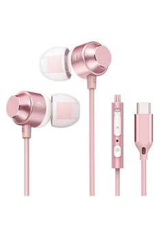 USB C Earbuds Rose Gold, Type C in Ear Headphones Wired, Stereo Bass Pink Earphones with Micphone and Volume Control, for 15 Pro Max 15 Plus iPad Pro USB C Earphones