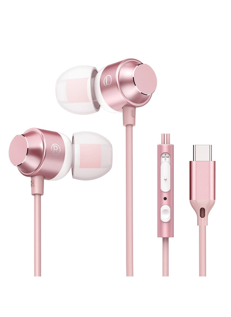 Excefore - USB C Earbuds Rose Gold, Type C in Ear Headphones Wired, Stereo Bass Pink Earphones with Micphone and Volume Control, for 15 Pro Max 15 Plus iPad Pro USB C Earphones - Image 1
