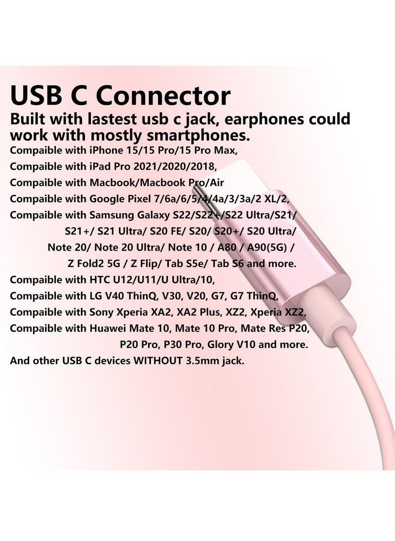 Excefore - USB C Earbuds Rose Gold, Type C in Ear Headphones Wired, Stereo Bass Pink Earphones with Micphone and Volume Control, for 15 Pro Max 15 Plus iPad Pro USB C Earphones - Image 1