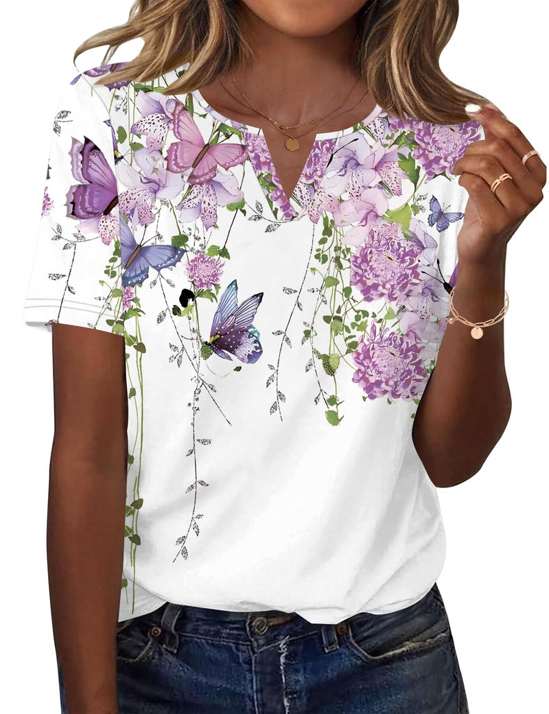 LOMON Summer Tops 2026 for Women Short Sleeve Blouses V Neck T Shirts Casual Outfit Trendy Fashion Clothes (Butterfly, XL) - Image 1