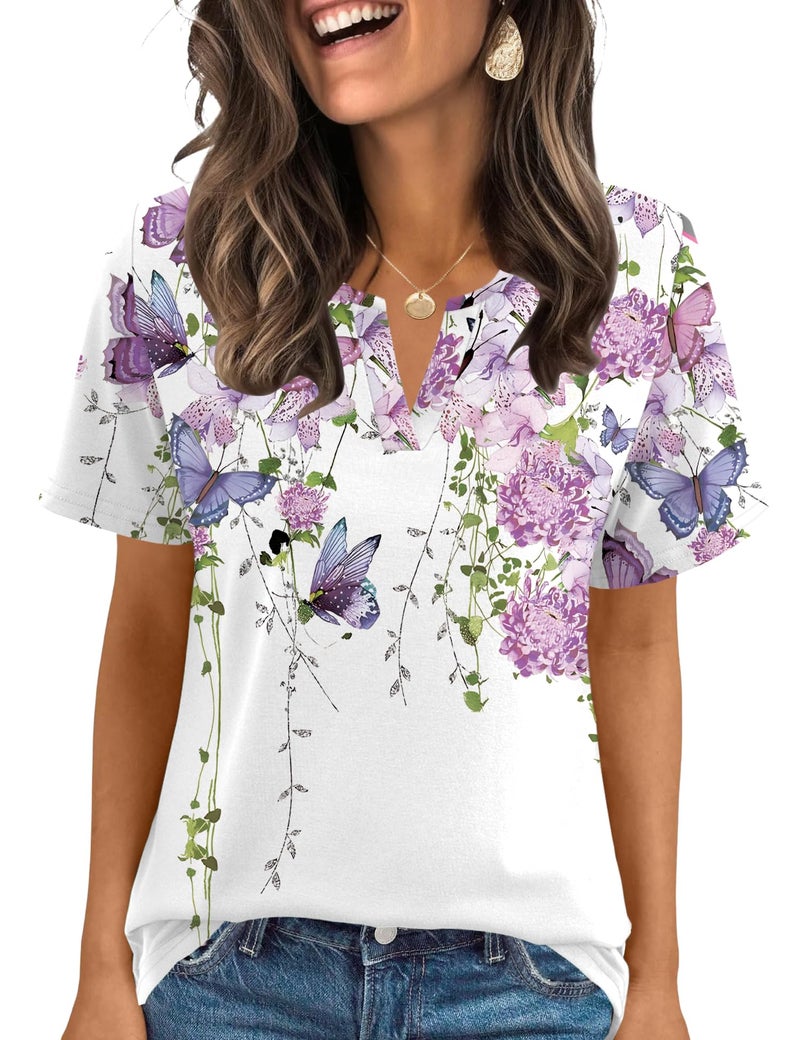 LOMON Summer Tops 2026 for Women Short Sleeve Blouses V Neck T Shirts Casual Outfit Trendy Fashion Clothes (Butterfly, XL) - Image 2