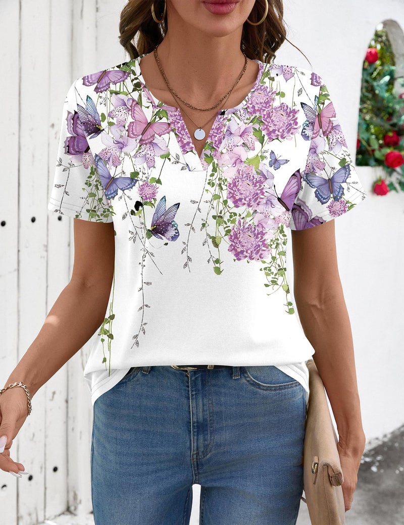 LOMON Summer Tops 2026 for Women Short Sleeve Blouses V Neck T Shirts Casual Outfit Trendy Fashion Clothes (Butterfly, XL) - Image 3