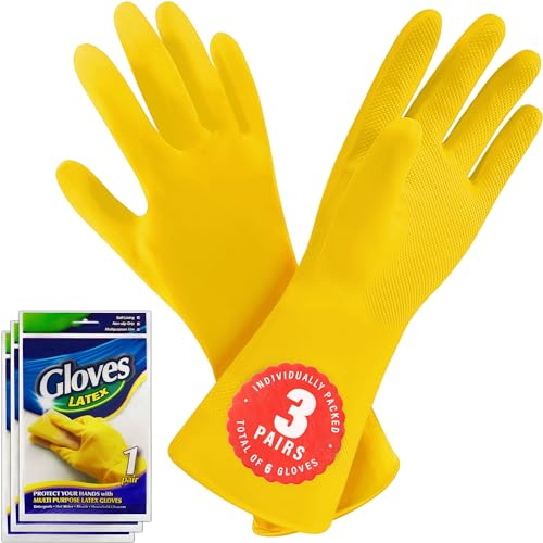SteadMax 3 Pack Yellow Cleaning Dish Gloves Professional Natural Rubber Latex Dishwashing Gloves Reusable Kitchen Dishwasher Gloves Medium Size 3 Pairs Pack of 1 - Image 2