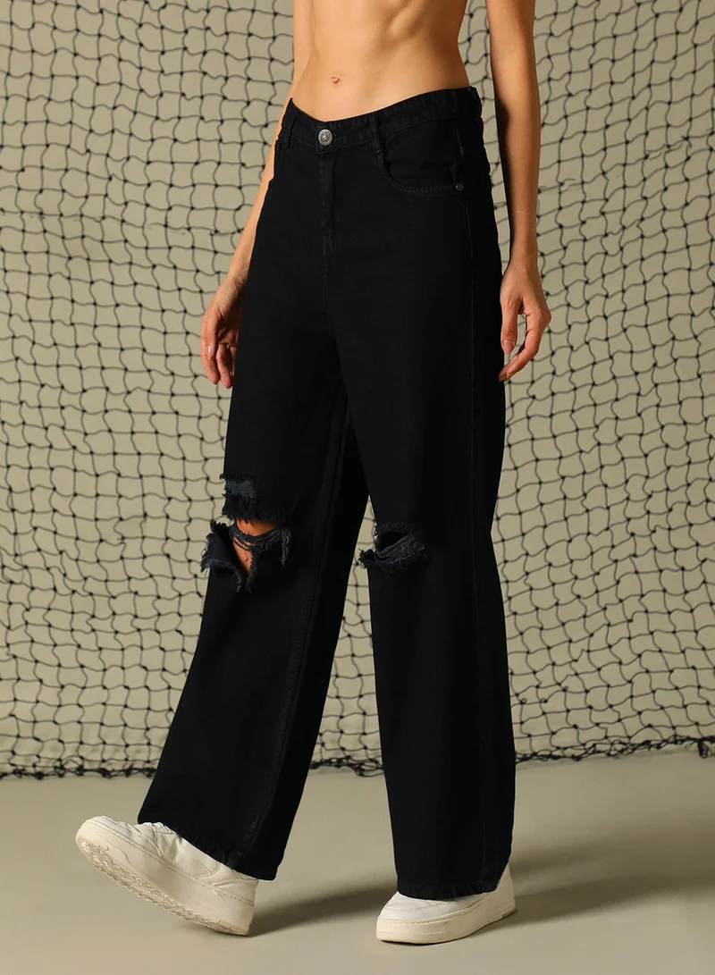 هوبرهولمي جينز نسائي أسود قطن 1% بقصة واسعة وطول كامل