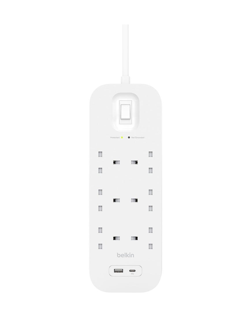 belkin - Belkin 6-Outlet Surge Protector Power Strip, Wall-Mountable with 6 AC Outlets, 2M Power Cord, & Green Indicator Light - USB-C Port & USB-A Port w/USB-C PD Fast Charging - 650 Joules of Protection - Image 1
