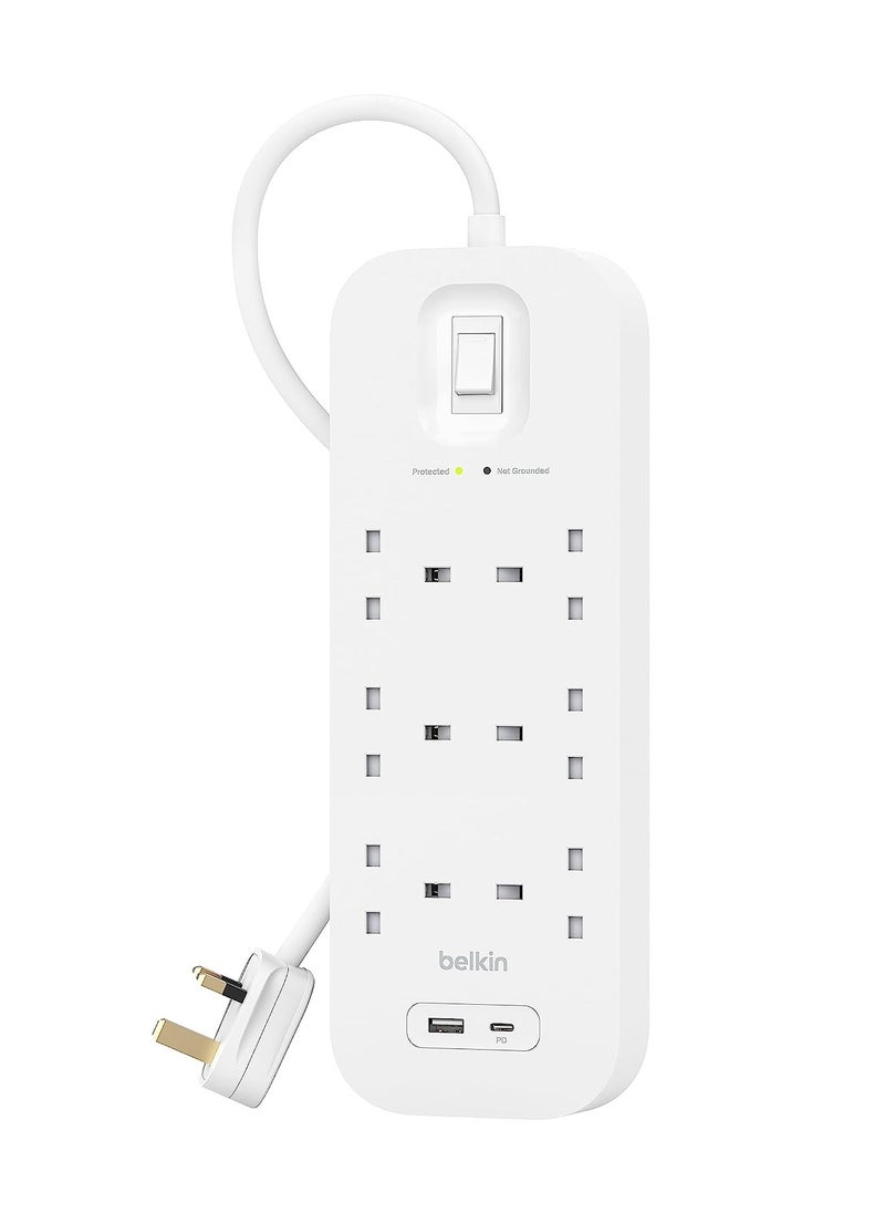 belkin - Belkin 6-Outlet Surge Protector Power Strip, Wall-Mountable with 6 AC Outlets, 2M Power Cord, & Green Indicator Light - USB-C Port & USB-A Port w/USB-C PD Fast Charging - 650 Joules of Protection - Image 1