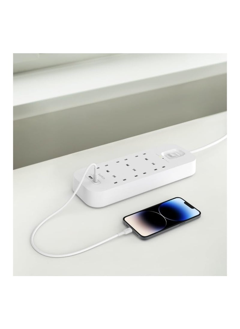 belkin - Belkin 6-Outlet Surge Protector Power Strip, Wall-Mountable with 6 AC Outlets, 2M Power Cord, & Green Indicator Light - USB-C Port & USB-A Port w/USB-C PD Fast Charging - 650 Joules of Protection - Image 1