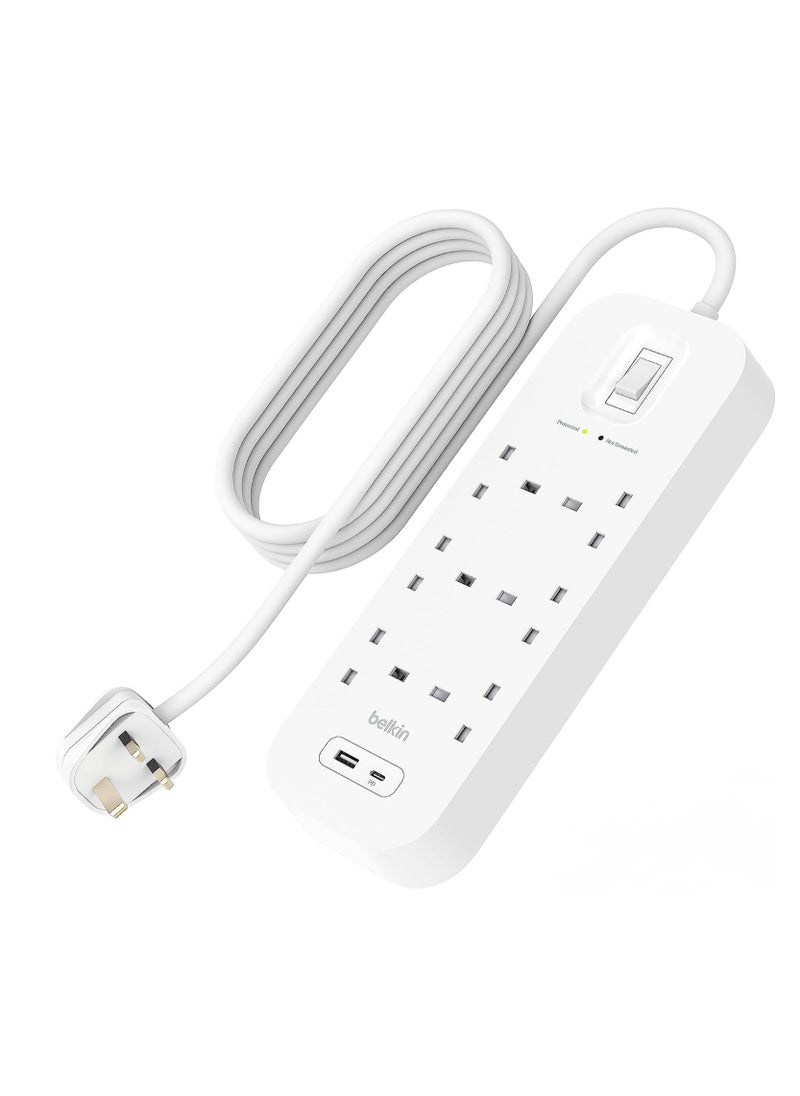belkin - Belkin 6-Outlet Surge Protector Power Strip, Wall-Mountable with 6 AC Outlets, 2M Power Cord, & Green Indicator Light - USB-C Port & USB-A Port w/USB-C PD Fast Charging - 650 Joules of Protection - Image 1