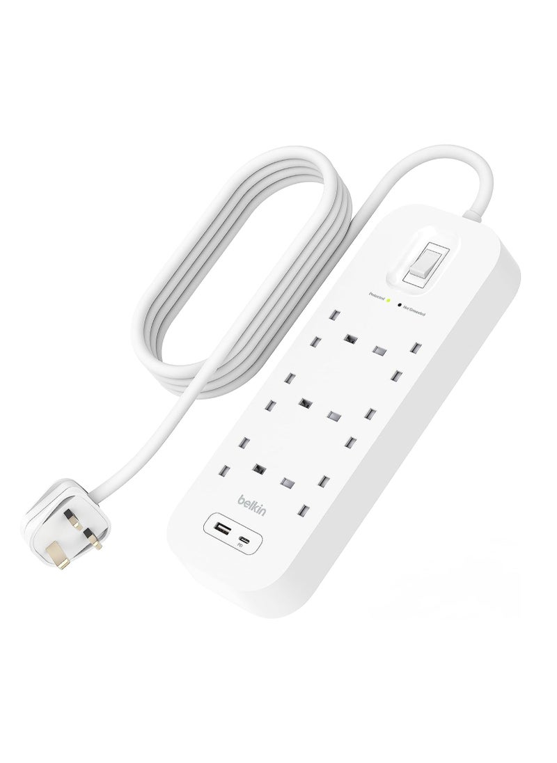 belkin - Belkin 6-Outlet Surge Protector Power Strip, Wall-Mountable with 6 AC Outlets, 2M Power Cord, & Green Indicator Light - USB-C Port & USB-A Port w/USB-C PD Fast Charging - 650 Joules of Protection - Image 1