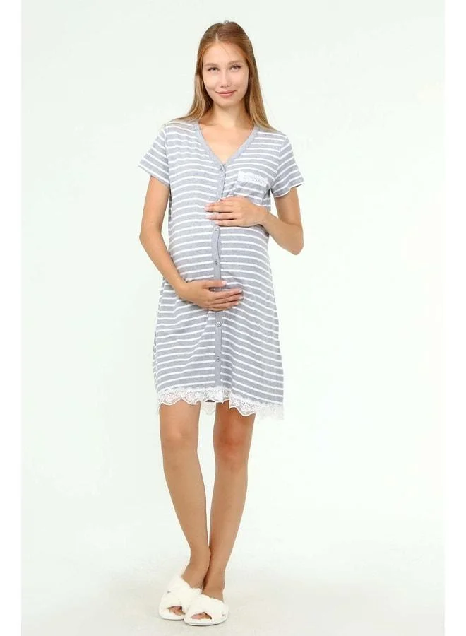 LuvmaBelly MYRA9720 - Buttoned Lace Pocket Maternity Nightgown - Striped Gray.