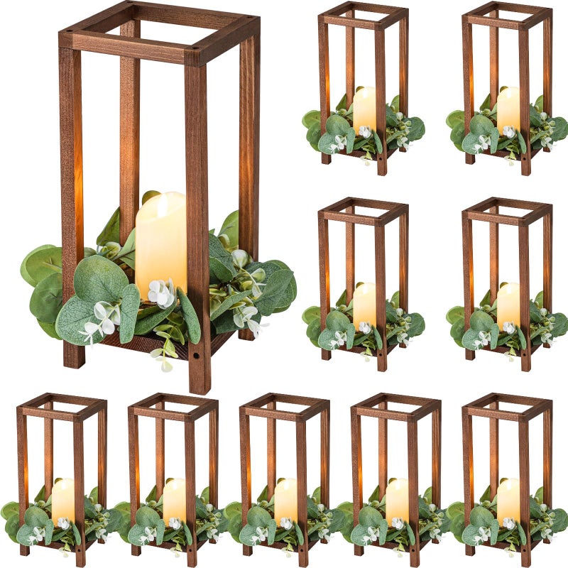 Geelin Geelin 10 Pcs Wooden Candle Lantern Wedding Lantern Centerpiece Lantern Candle Holder for Table Fireplace Lantern Decorative Farmhouse Wedding Lantern for Baby Shower(13 Inch Brown)  - Image 1