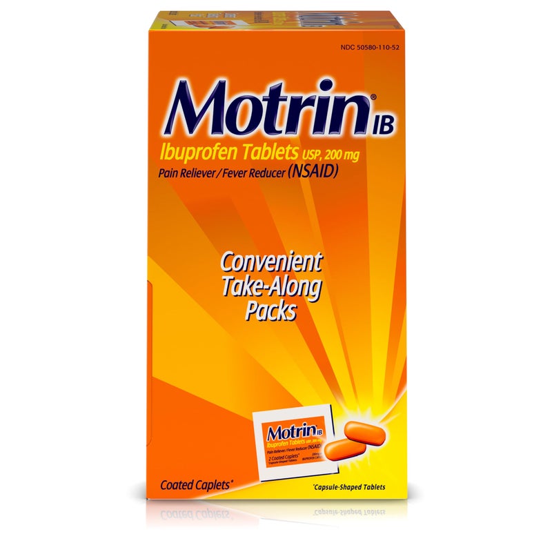 Motrin IB, Ibuprofen 200mg Tablets, Pain Reliever/Fever Reducer for Muscular Aches, Headache, Backache and Minor Arthritis Pain, Convenient for Travel & On-the-Go, 50 packets of 2, 100 ct - Image 1