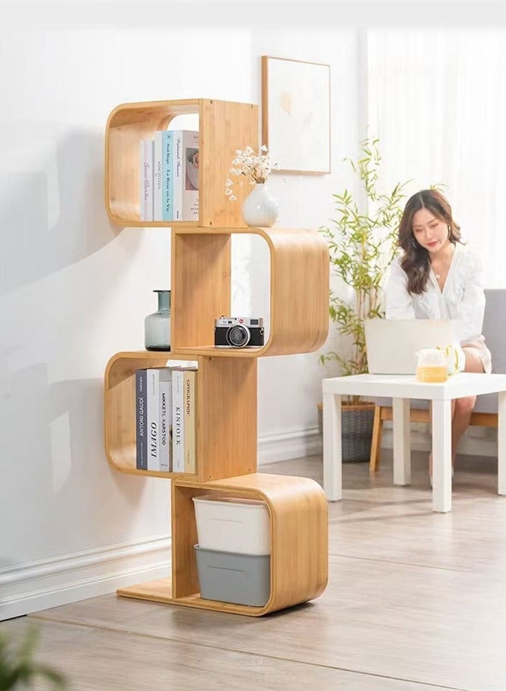fashionhome Modern S Shaped Design Bamboo Bookcase Smooth Edge Storage Rack Display Stand Detachable Shelf Storage Shelves for Home Decoration Living Room Bedroom Office 56x23x165 cm  - Image 5