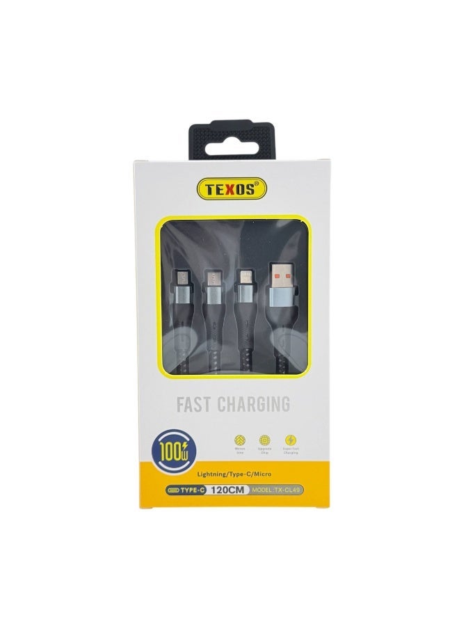 TEXOS CL-49 3-in-1 Braided Fast Charging Cable for Lightning, USB-C & Micro USB - 120cm - Image 2