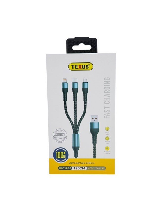 TEXOS CL-49 3-in-1 Braided Fast Charging Cable for Lightning, USB-C & Micro USB - 120cm - Image 1