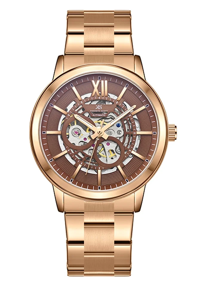 KENNETH SCOTT Kenneth Scott K24324-DBDD Men's Automatic  Display Watch & Stainless Steel Strap Brown