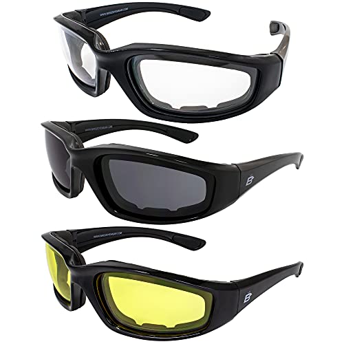 Birdz Eyewear Oriole Padded Motorcycle Riding Sunglasses - Day Night Dawn Dusk 3 Pairs Glossy Black Frame with Smoke Clear Yellow Shatterproof Polycarbonate Lenses Rubber Ear Pads - Image 1